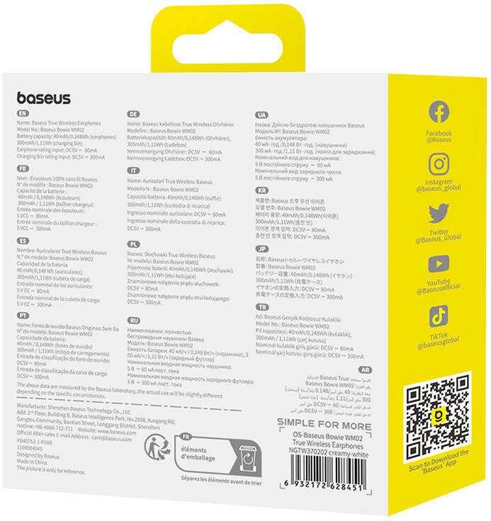 Belaidės ausinės Baseus Bowie WM02 TWS Bluetooth 5.0 OS - Baltos