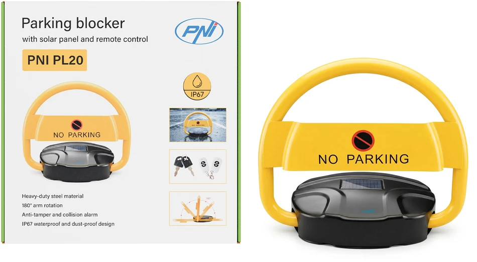 Automatinis automobilio parkavimo užraktas PNI PL20 su saulės įkrovimu, nuotolinio valdymo pulteliu, raktais ir baterija