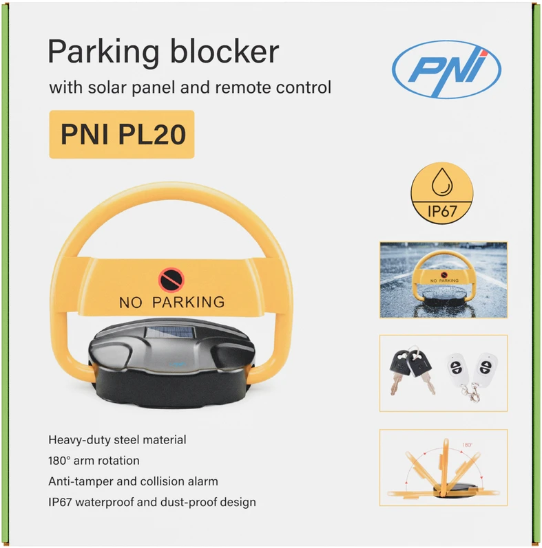 Automatinis automobilio parkavimo užraktas PNI PL20 su saulės įkrovimu, nuotolinio valdymo pulteliu, raktais ir baterija