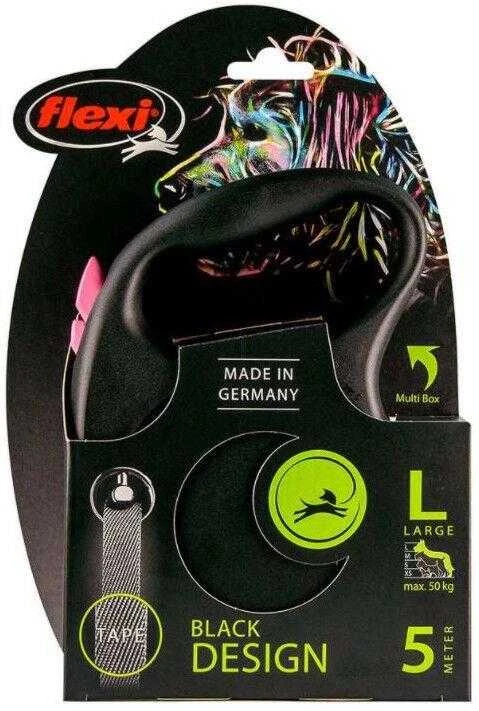 Flexi Black Design L pavadėlis šunims iki 50kg juostinis 5m rožinės spalvos