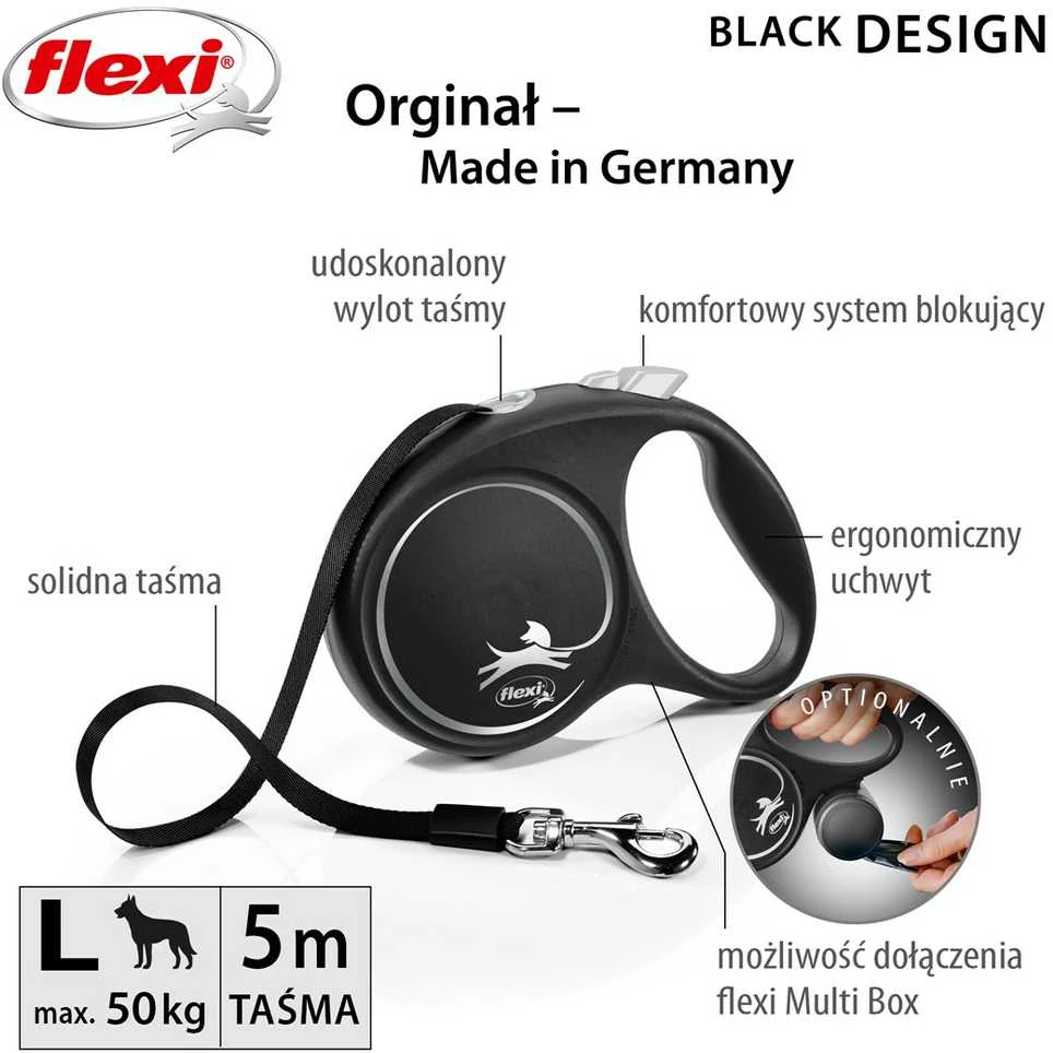 Flexi Black Design L pavadėlis šunims iki 50kg juostinis 5m juodos spalvos