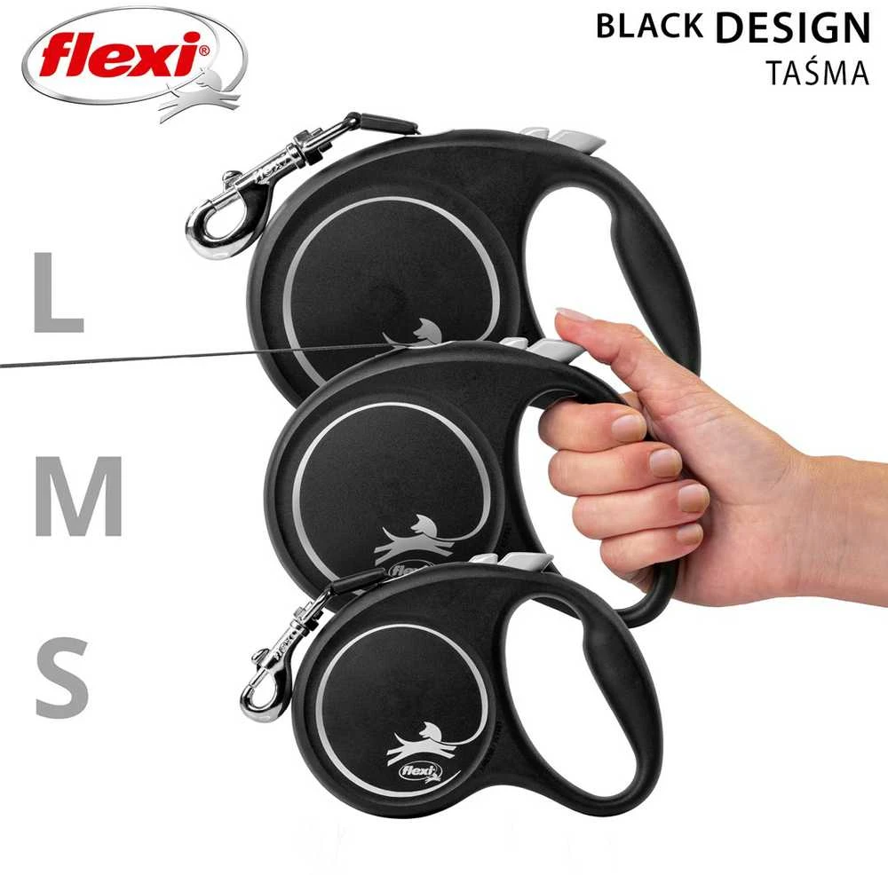 Flexi Black Design L pavadėlis šunims iki 50kg juostinis 5m juodos spalvos
