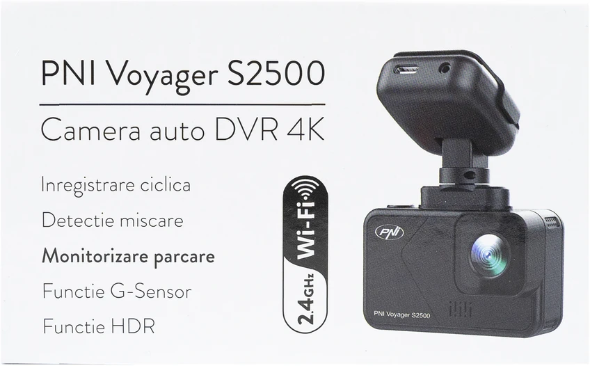Automobilinė vaizdo registravimo kamera PNI Voyager S2500 WiFi, 4K UHD, 2 colių ekranas, ciklinis įrašymas, parkavimo stebėjimas, judesio aptikimas, vaizdo ir garso įrašymas, 12V/24V maitinimo šaltinis