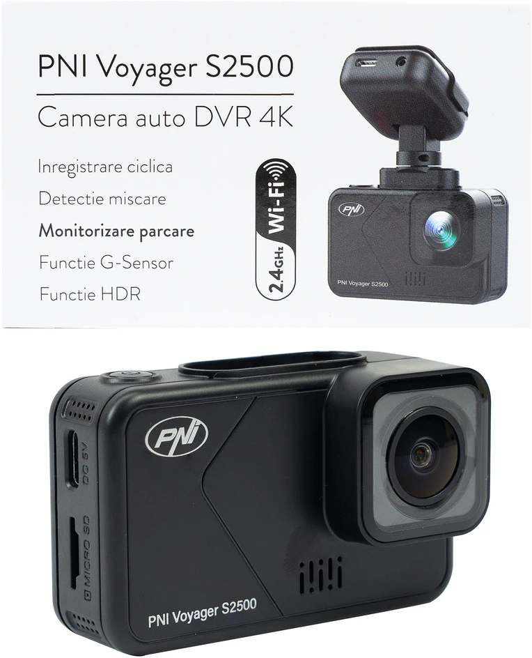 Automobilinė vaizdo registravimo kamera PNI Voyager S2500 WiFi, 4K UHD, 2 colių ekranas, ciklinis įrašymas, parkavimo stebėjimas, judesio aptikimas, vaizdo ir garso įrašymas, 12V/24V maitinimo šaltinis