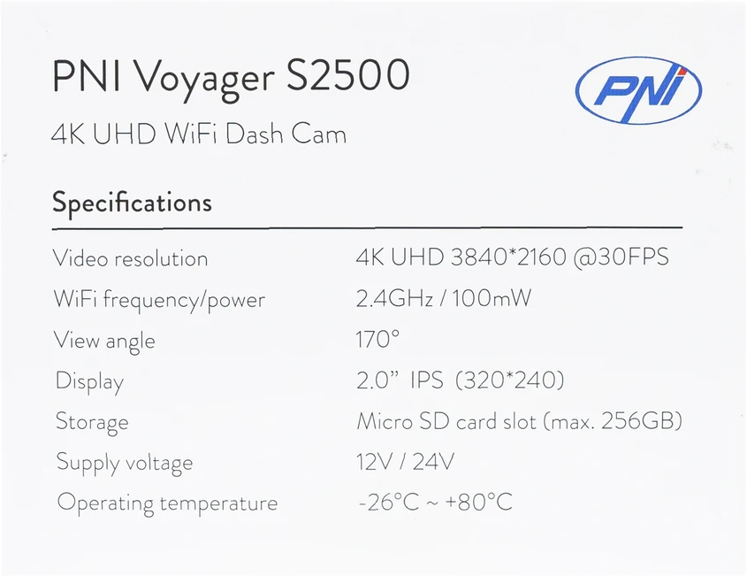 Automobilinė vaizdo registravimo kamera PNI Voyager S2500 WiFi, 4K UHD, 2 colių ekranas, ciklinis įrašymas, parkavimo stebėjimas, judesio aptikimas, vaizdo ir garso įrašymas, 12V/24V maitinimo šaltinis