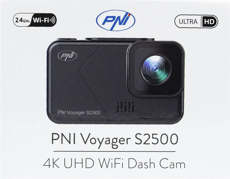 Automobilinė vaizdo registravimo kamera PNI Voyager S2500 WiFi, 4K UHD, 2 colių ekranas, ciklinis įrašymas, parkavimo stebėjimas, judesio aptikimas, vaizdo ir garso įrašymas, 12V/24V maitinimo šaltinis