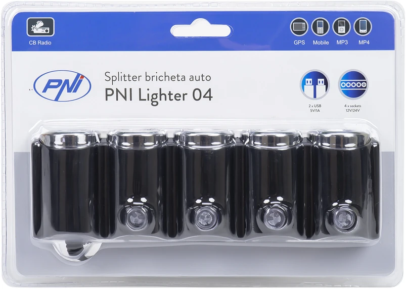 Automobilinis cigarečių degiklio skirstytuvas PNI Lighter 04 12V / 24V 4 išvestys, 2xUSB, LED indikatorius