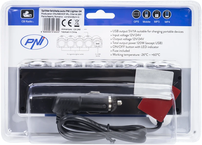 Automobilinis cigarečių degiklio skirstytuvas PNI Lighter 04 12V / 24V 4 išvestys, 2xUSB, LED indikatorius