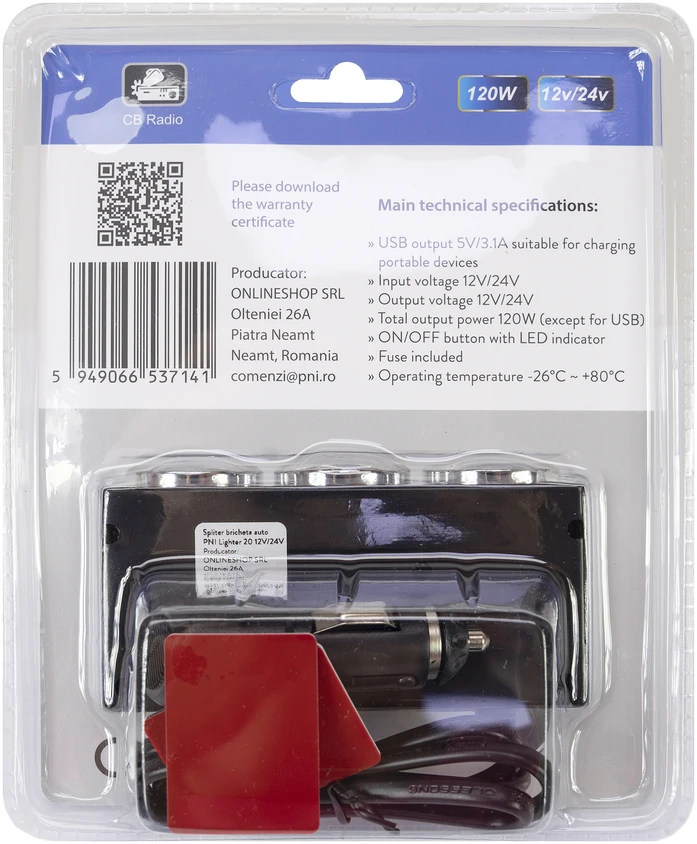 Automobilinis cigarečių degiklio skirstytuvas PNI Lighter 20 12V/24V 2 išvestys, 2 x USB, LED indikatorius