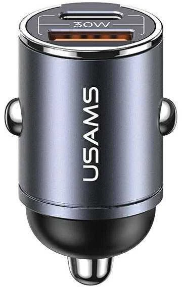 USAMS automobilinis įkroviklis 1xUSB+1xUSB-C C38 30WPD greito įkrovimo su įmontuotu žiedu plienas/tamsus CC206CC