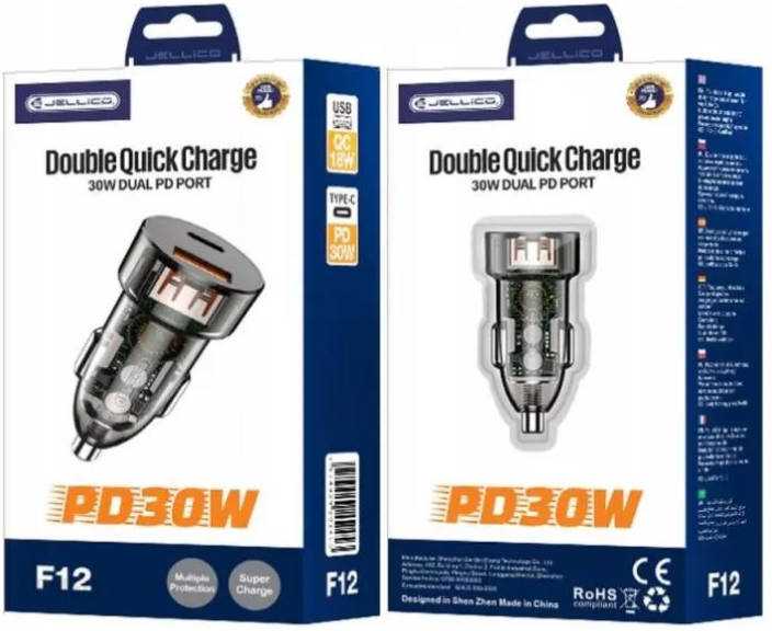 Automobilinis įkroviklis 30W PD USB-C + USB 3.0 Jellico F12 juodos spalvos