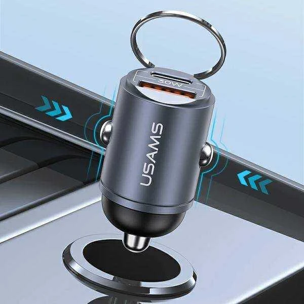 USAMS automobilinis įkroviklis 1xUSB+1xUSB-C C38 30WPD Fast Charge with Built-in Ring Violetinė CC206C