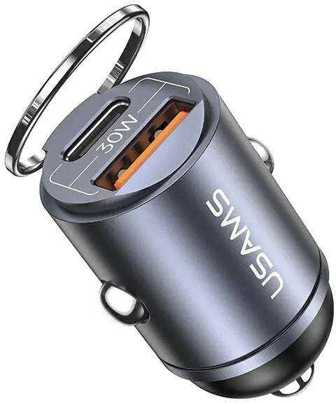 USAMS automobilinis įkroviklis 1xUSB+1xUSB-C C38 30WPD greito įkrovimo su įmontuotu žiedu plienas/tamsus CC206CC