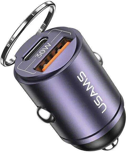 USAMS automobilinis įkroviklis 1xUSB+1xUSB-C C38 30WPD Fast Charge with Built-in Ring Violetinė CC206C