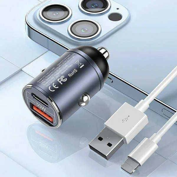 USAMS automobilinis įkroviklis 1xUSB+1xUSB-C C38 30WPD Fast Charge with Built-in Ring Violetinė CC206C