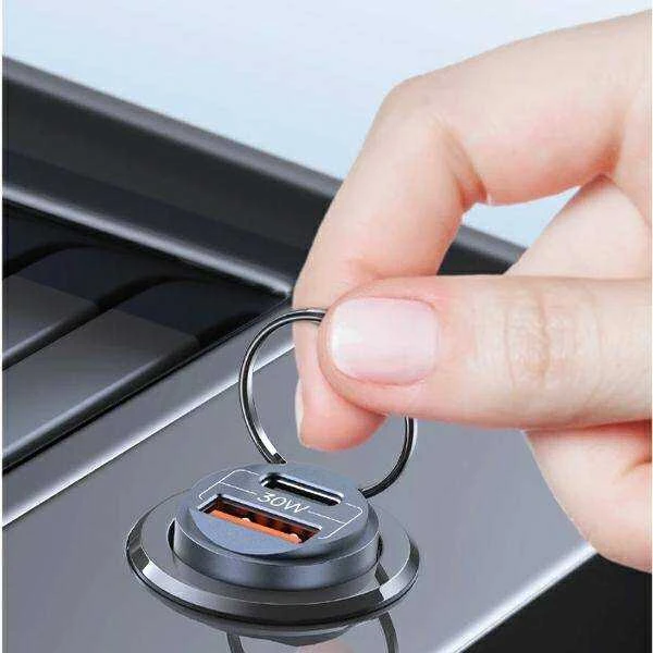 USAMS automobilinis įkroviklis 1xUSB+1xUSB-C C38 30WPD Fast Charge with Built-in Ring Violetinė CC206C