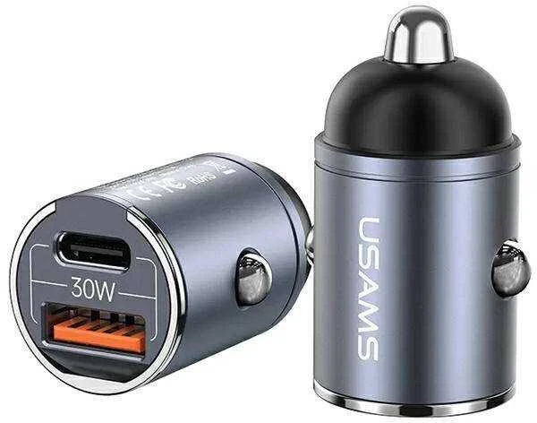 USAMS automobilinis įkroviklis 1xUSB+1xUSB-C C38 30WPD Fast Charge with Built-in Ring Violetinė CC206C