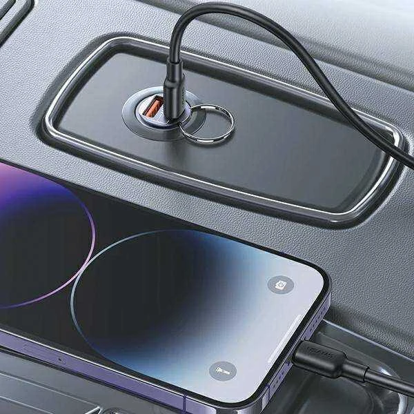 USAMS automobilinis įkroviklis 1xUSB+1xUSB-C C38 30WPD Fast Charge with Built-in Ring Violetinė CC206C
