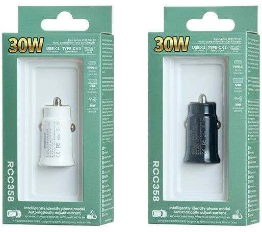 Automobilinis įkroviklis 30W QC USB + USB-C PD Remax Siya Series RCC358 juodos spalvos