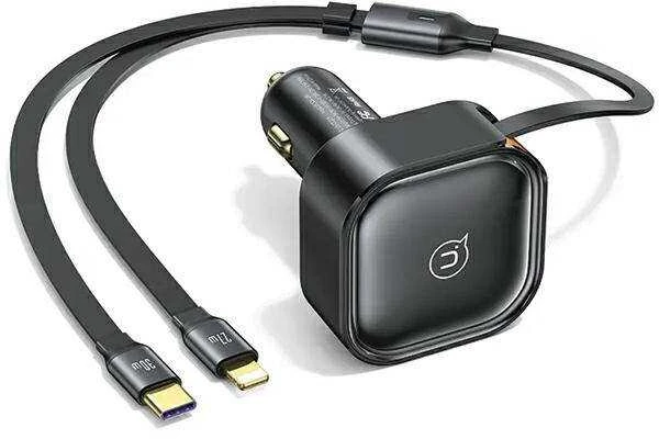 USAMS automobilinis įkroviklis with retractable cable 1xUSB-C+1x Lightning C41 PD 30W Fast Charge juodas/juodas CC2