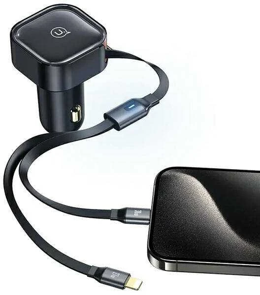 USAMS automobilinis įkroviklis with retractable cable 2xUSB-C C41 PD 30W Fast Charge juodas/juodas CC220CC01 (US-CC