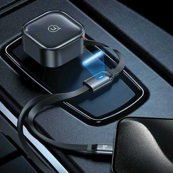 USAMS automobilinis įkroviklis with retractable cable 2xUSB-C C41 PD 30W Fast Charge juodas/juodas CC220CC01 (US-CC