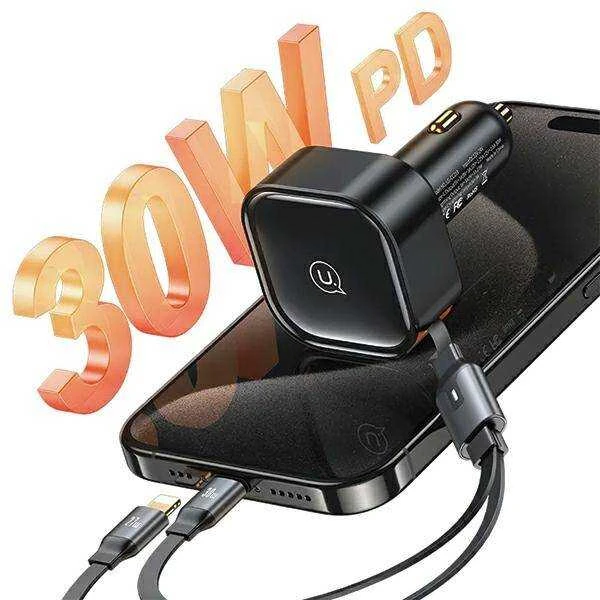 USAMS automobilinis įkroviklis with retractable cable 1xUSB-C+1x Lightning C41 PD 30W Fast Charge juodas/juodas CC2