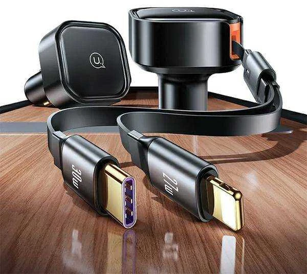 USAMS automobilinis įkroviklis with retractable cable 2xUSB-C C41 PD 30W Fast Charge juodas/juodas CC220CC01 (US-CC