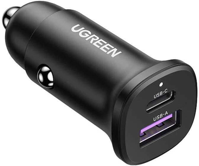 Automobilinis įkroviklis 30W USB-C + USB UGREEN EC305 juodos spalvos