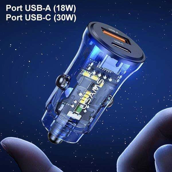 USAMS automobilinis įkroviklis 1xUSB+1xUSB-C C32 30W Fast Charge juodas CC164CC01 (US-CC164)