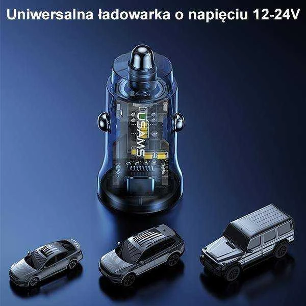 USAMS automobilinis įkroviklis 1xUSB+1xUSB-C C32 30W Fast Charge juodas CC164CC01 (US-CC164)