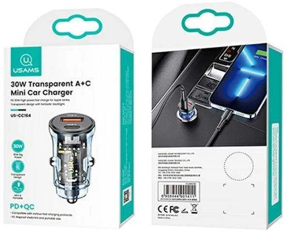 USAMS automobilinis įkroviklis 1xUSB+1xUSB-C C32 30W Fast Charge mėlynas CC164CC02 (US-CC164)