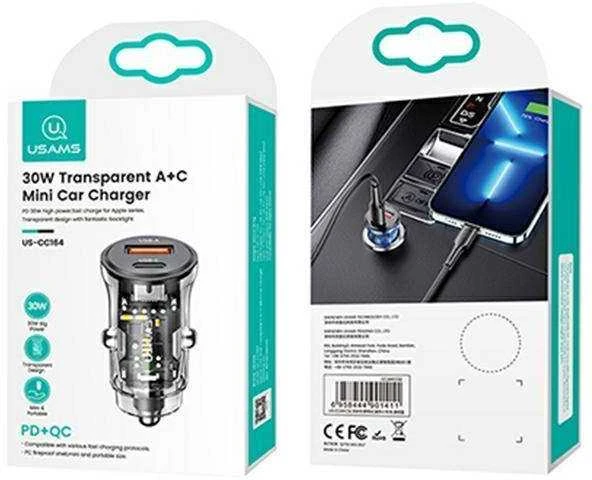 USAMS automobilinis įkroviklis 1xUSB+1xUSB-C C32 30W Fast Charge juodas CC164CC01 (US-CC164)