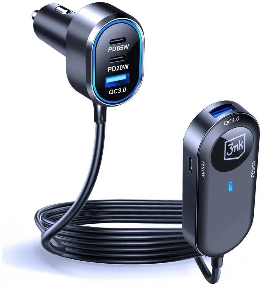 3Mk apsaugos priedai - 3mk dvigubas automobilinis įkroviklis 135W PD QC PPS USB 2A4C Juodas/Pilkas