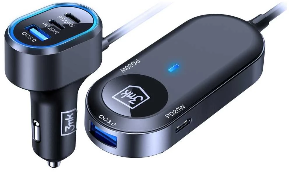 3Mk apsaugos priedai - 3mk dvigubas automobilinis įkroviklis 135W PD QC PPS USB 2A4C Juodas/Pilkas