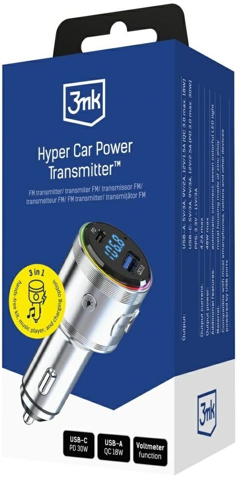 3Mk apsaugos priedai - 3mk Hyper Car Power siųstuvas 48W QC PD PPS USB 1C1A Sidabrinis