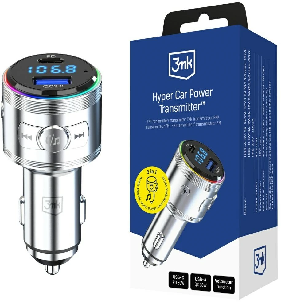 3Mk apsaugos priedai - 3mk Hyper Car Power siųstuvas 48W QC PD PPS USB 1C1A Sidabrinis