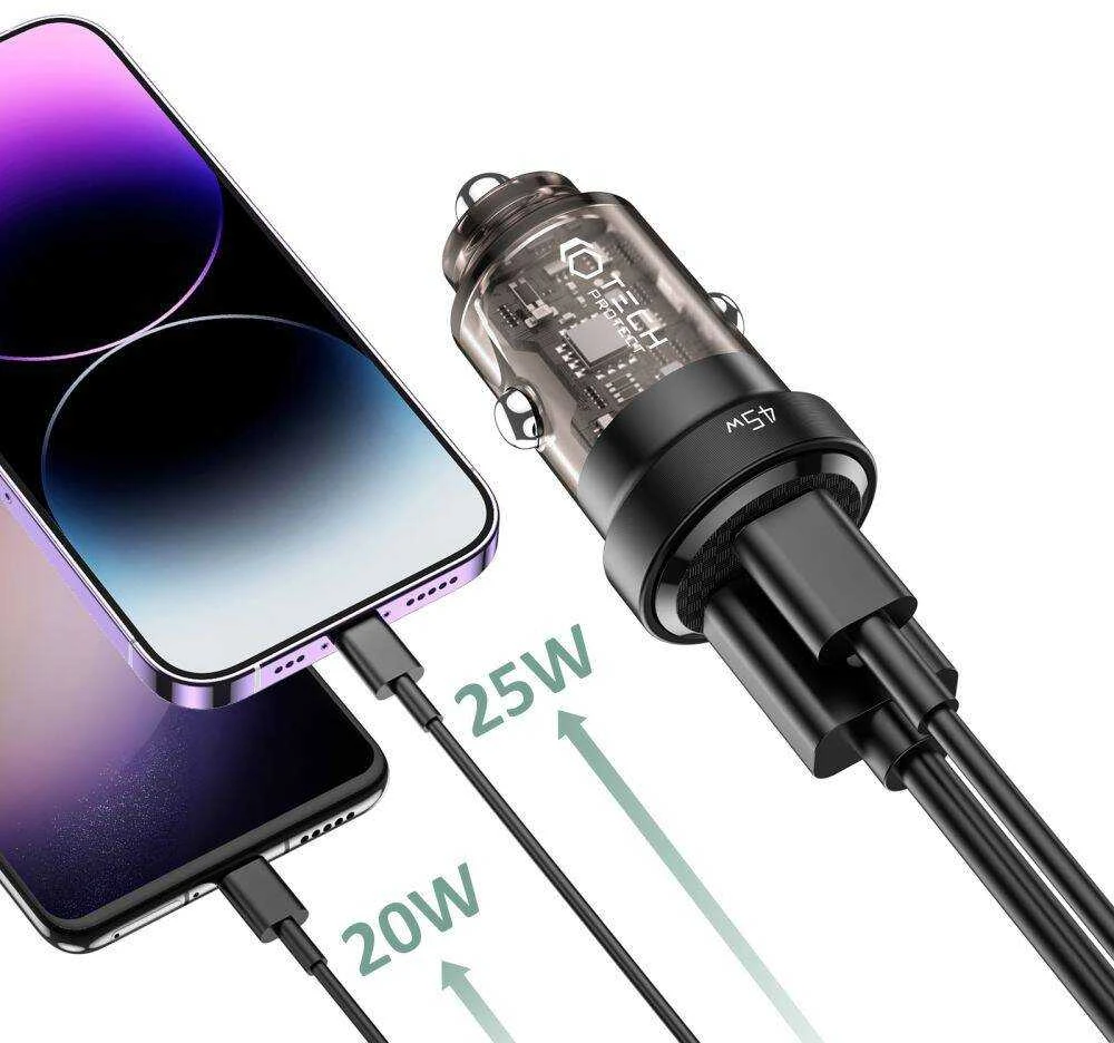 Automobilinis įkroviklis 45W USB-C PD + QC3.0 USB Tech-Protect CC45W juodos spalvos