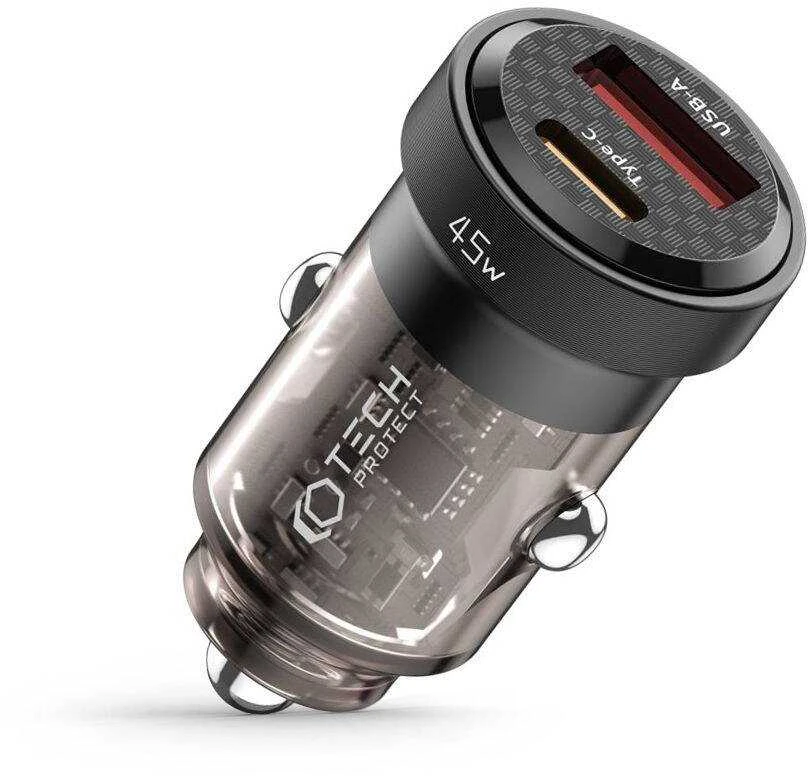 Automobilinis įkroviklis 45W USB-C PD + QC3.0 USB Tech-Protect CC45W juodos spalvos