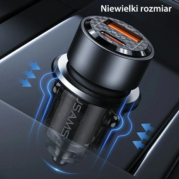 USAMS automobilinis įkroviklis C39 USB+USB-C 60WFast Charge violetinė CC208CC02 (US-CC208)