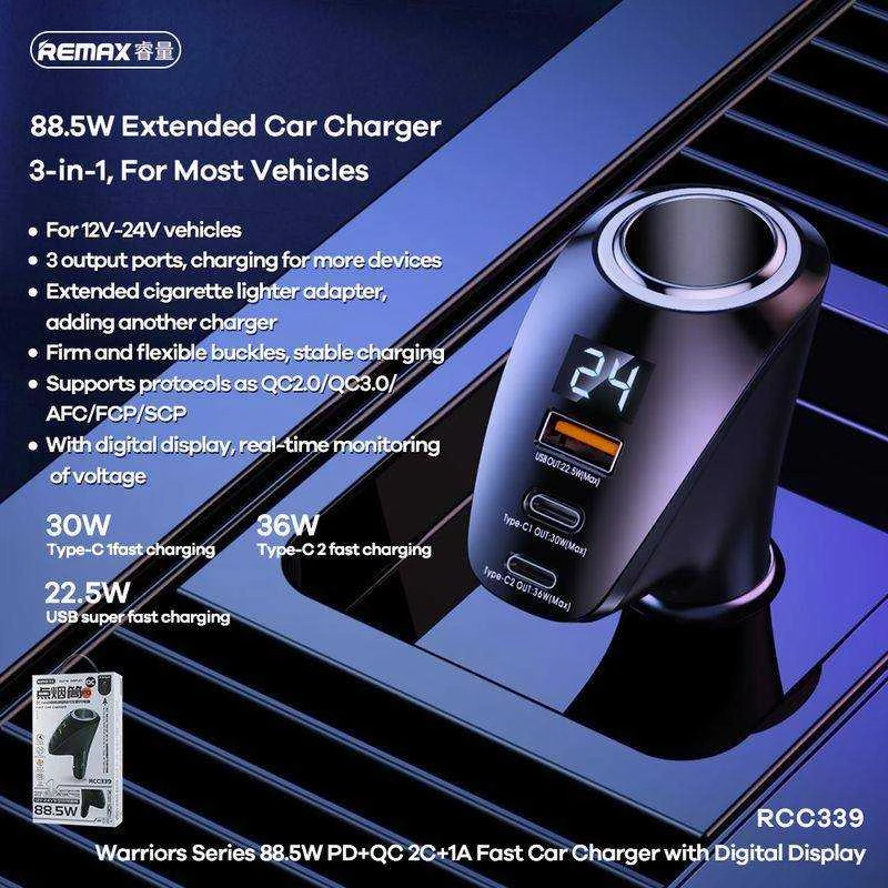 Automobilinis įkroviklis 2x USB-C, USB Remax RCC339, 88.5W (juodas)