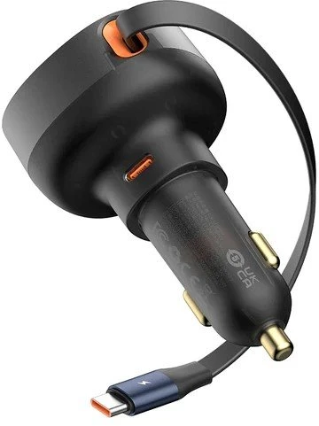 Automobilinis įkroviklis Baseus Enjoyment Pro su USB-C laidu, 60 W (juodas)