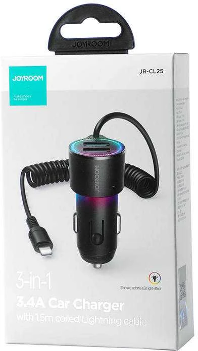 Automobilinis įkroviklis Joyroom JR-CL25, 2x USB + Lightning laidas (juodas)