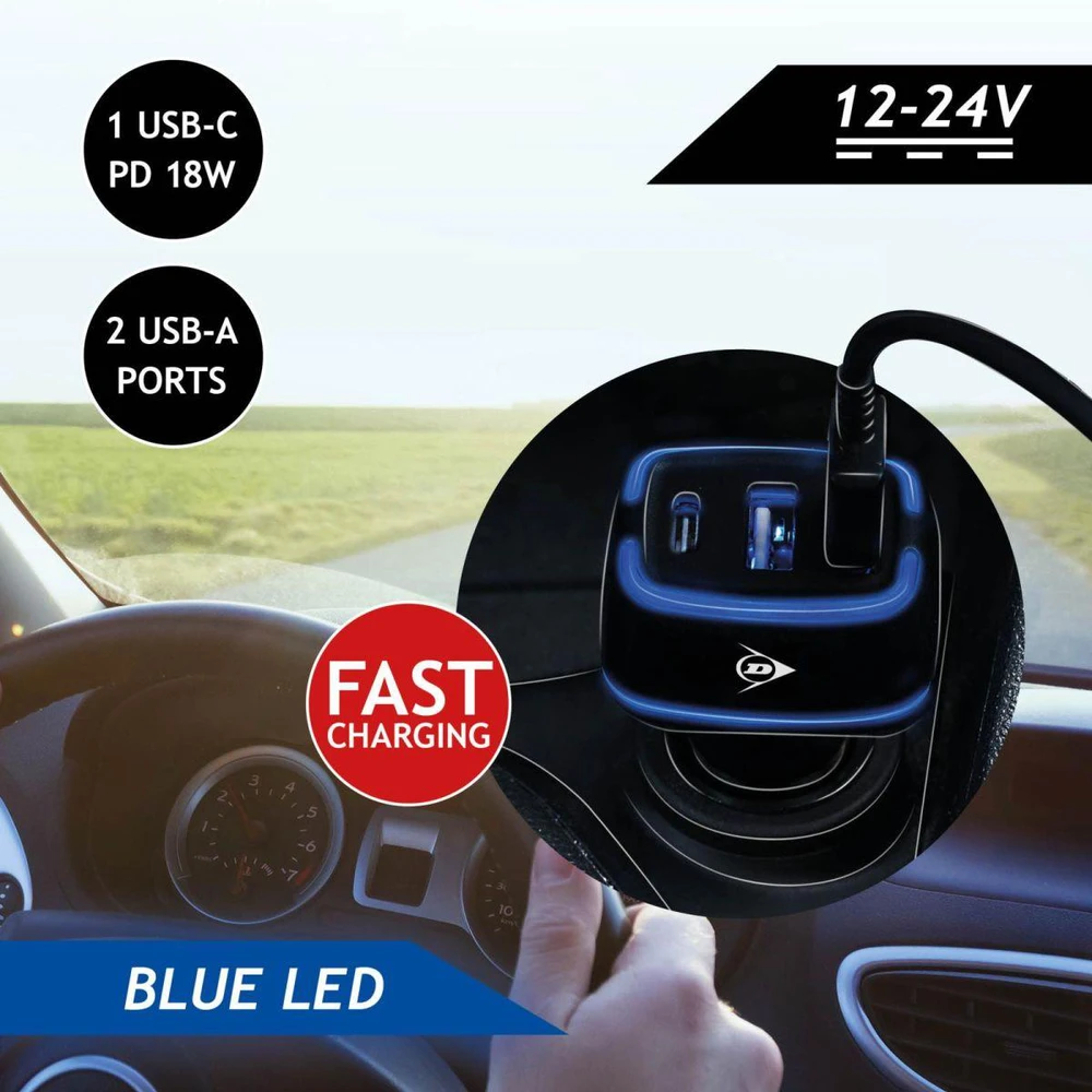 Dunlop automobilinis USB įkroviklis 2x USB A + C