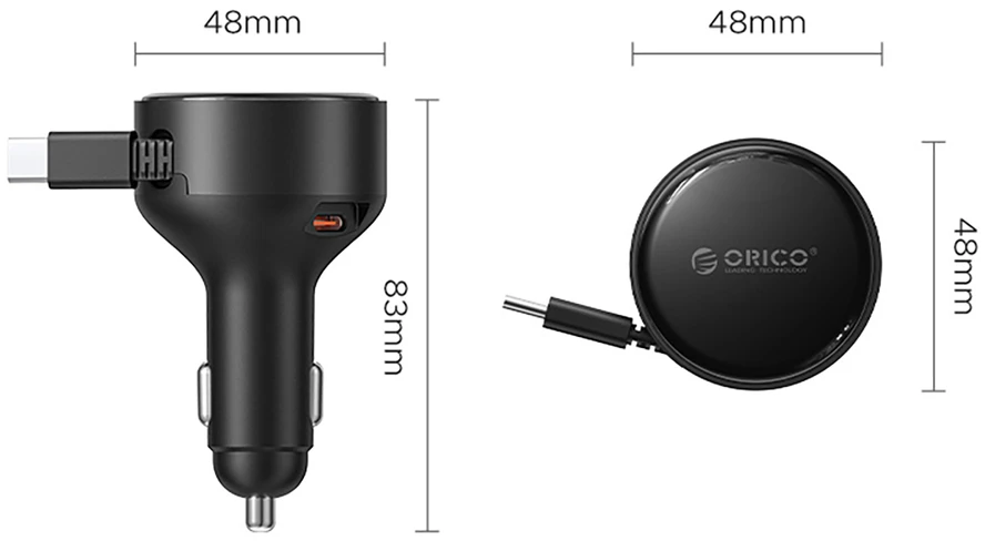 Automobilinis įkroviklis Orico FC-60-2C 60 W su USB-C įtraukiamu laidu, juodas