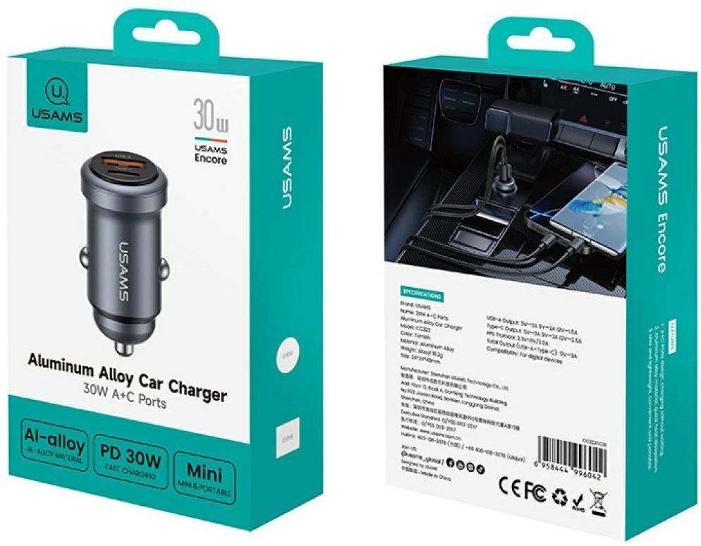 Automobilinis įkroviklis USAMS CC322 30W 1xUSB-A 1xUSB-C tarnish
