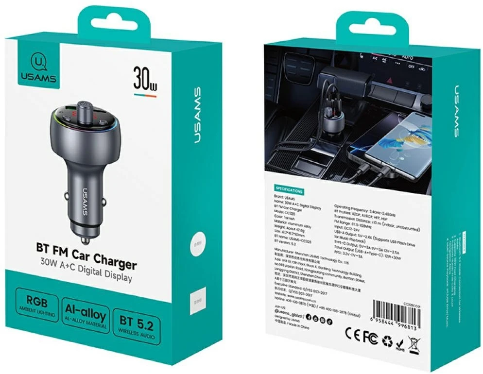 Automobilinis įkroviklis USAMS CC328 30W 1xUSB-A 1xUSB-C Bluetooth FM tarnish
