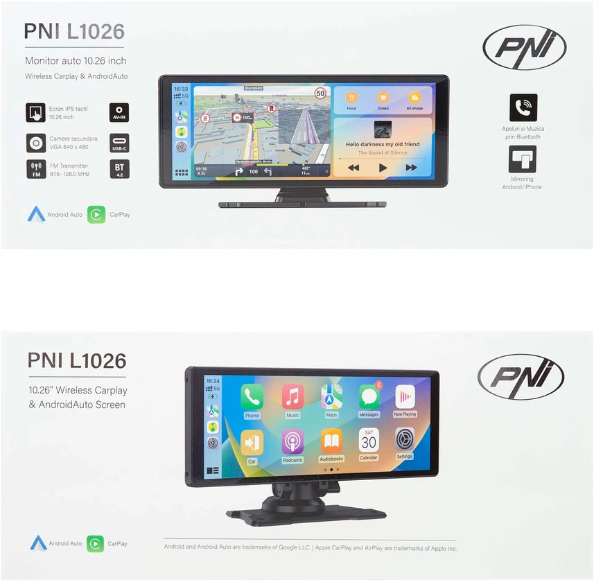 Automobilinis monitorius PNI L1026 10.26 colio, belaidis Carplay, navigacija, muzika, laisvų rankų įranga, „Bluetooth“, FM siųstuvas