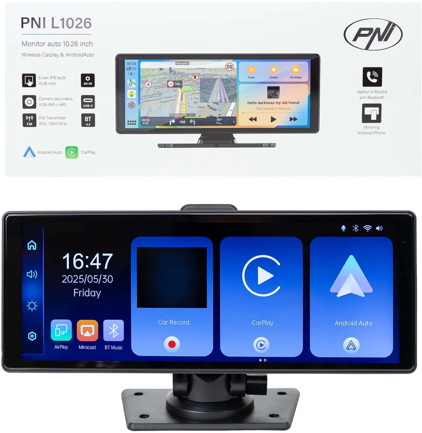 Automobilinis monitorius PNI L1026 10.26 colio, belaidis Carplay, navigacija, muzika, laisvų rankų įranga, „Bluetooth“, FM siųstuvas