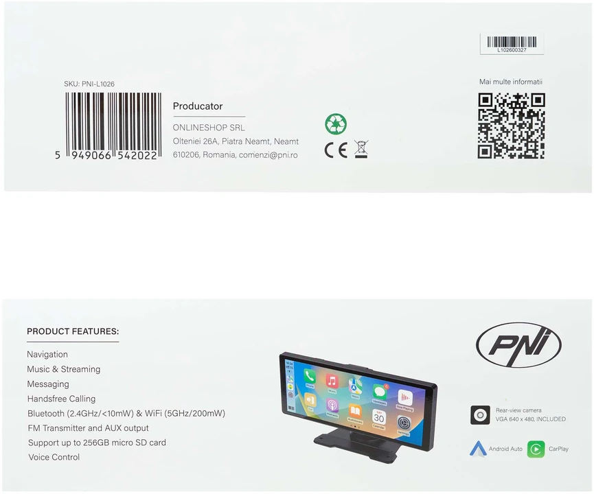 Automobilinis monitorius PNI L1026 10.26 colio, belaidis Carplay, navigacija, muzika, laisvų rankų įranga, „Bluetooth“, FM siųstuvas
